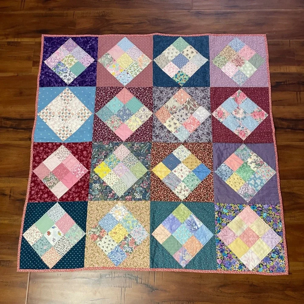 Handmade Patchwork Floral Quilt Size 42x42 Gold Bug Quilters Cottagecore Lap